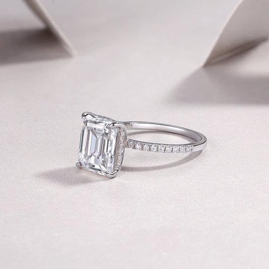 Emerald-Cut Moissanite Hidden-Halo Solitaire Ring in 925 Silver