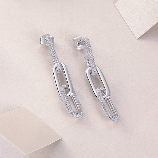 Pave Moissanite Paperclip Link Drop Earrings in 925 Sterling Silver