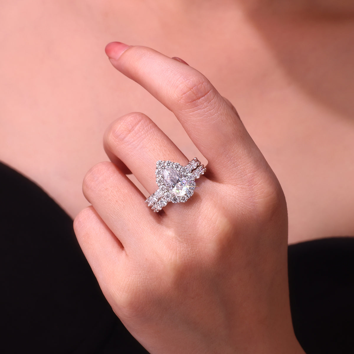 Pear Moissanite Halo Ring and Eternity Band Set in 925 Silver - worn