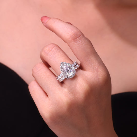 Pear Moissanite Halo Ring and Eternity Band Set in 925 Silver - worn