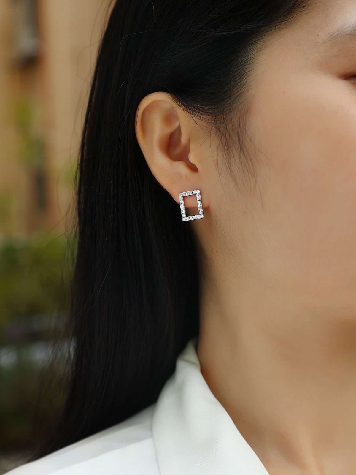 Moissanite Pave Open Rectangle Stud Earrings in 925 Sterling Silver - worn