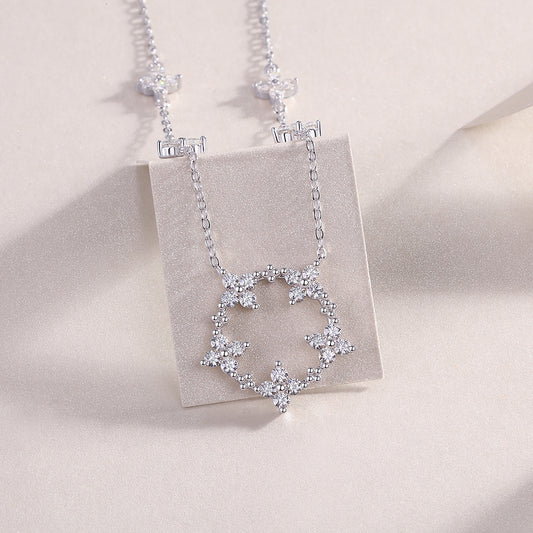 Moissanite Flower Station Necklace with Open Circle Pendant in 925 Silver
