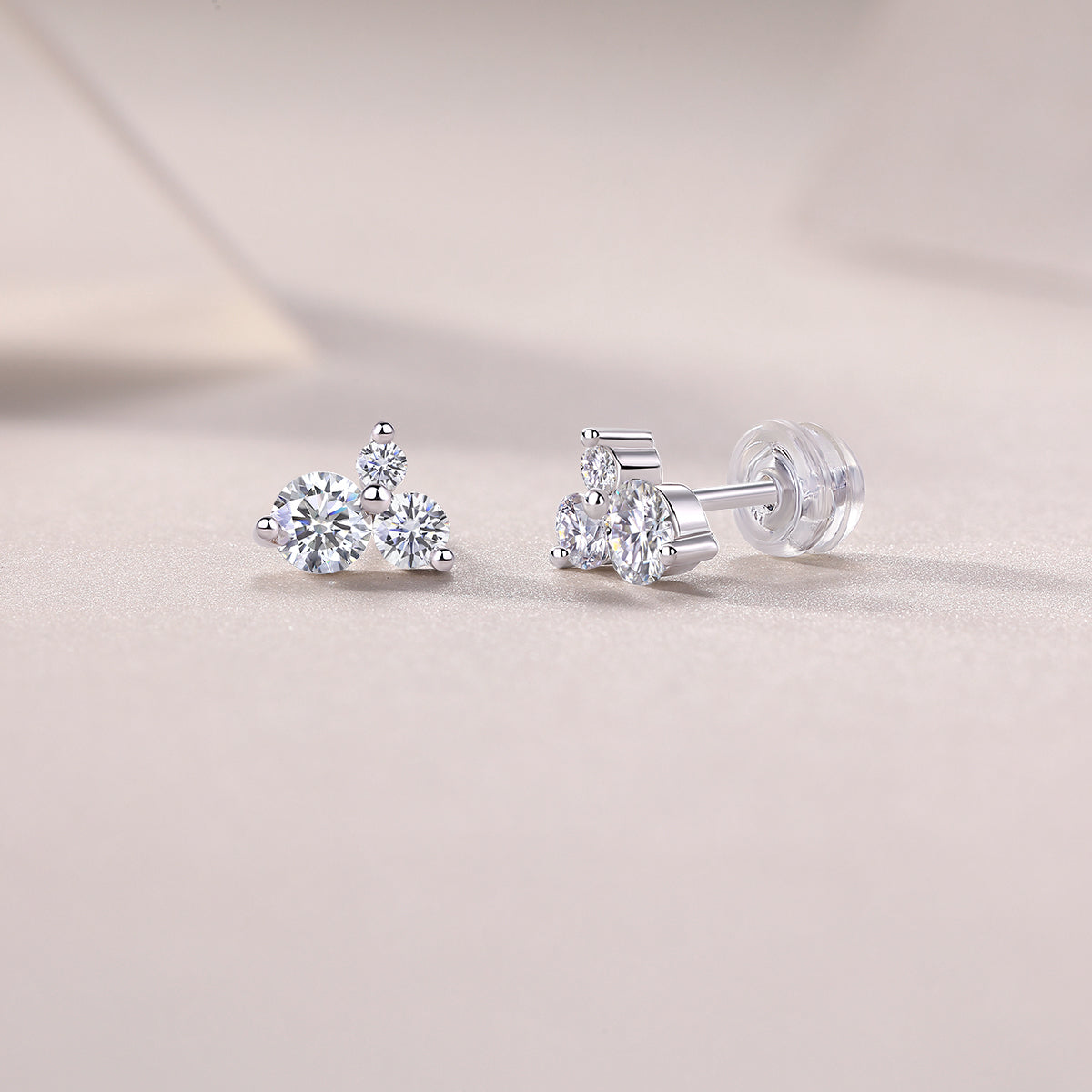 Round Moissanite Three-Stone Cluster Stud Earrings in 925 Silver