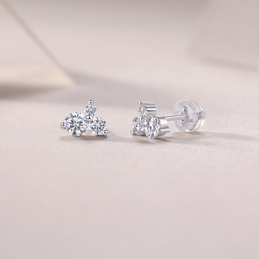 Round Moissanite Three-Stone Cluster Stud Earrings in 925 Silver