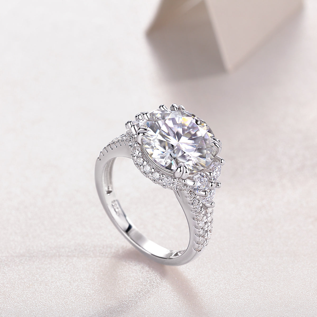 Round Moissanite Statement Ring with Side Stones and Pave Band in 925 Silver