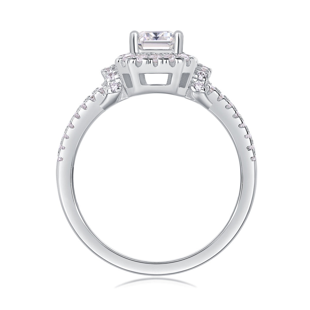 Emerald-Cut Moissanite Halo Ring with Split Pave Shank in 925 Silver