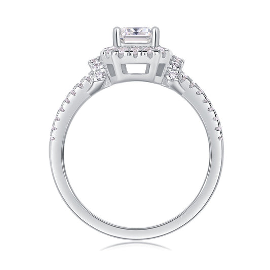 Emerald-Cut Moissanite Halo Ring with Split Pave Shank in 925 Silver