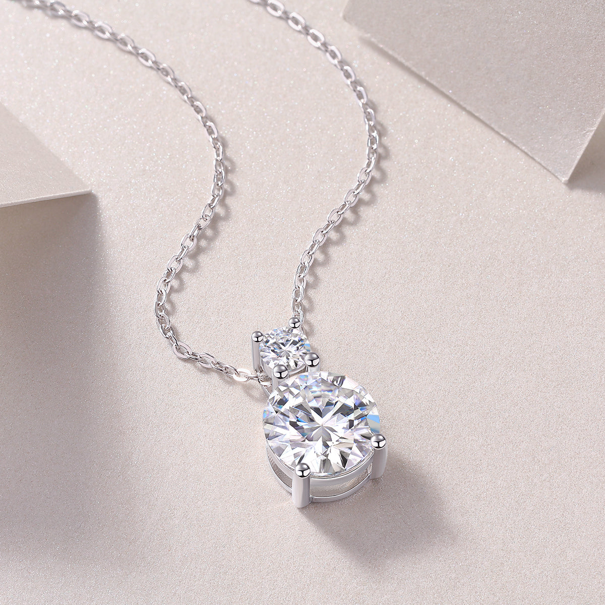 Round Moissanite Two-Stone Drop Pendant Necklace in 925 Silver