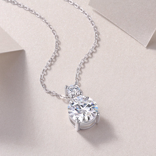 Round Moissanite Two-Stone Drop Pendant Necklace in 925 Silver