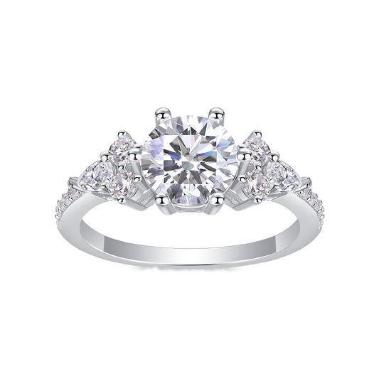 Round Moissanite Engagement Ring with Cluster Shoulders in 925 Silver