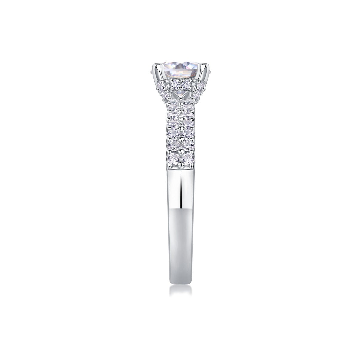 Round Moissanite Solitaire Ring with Shared-Prong Band in 925 Silver