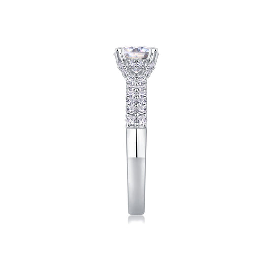 Round Moissanite Solitaire Ring with Shared-Prong Band in 925 Silver