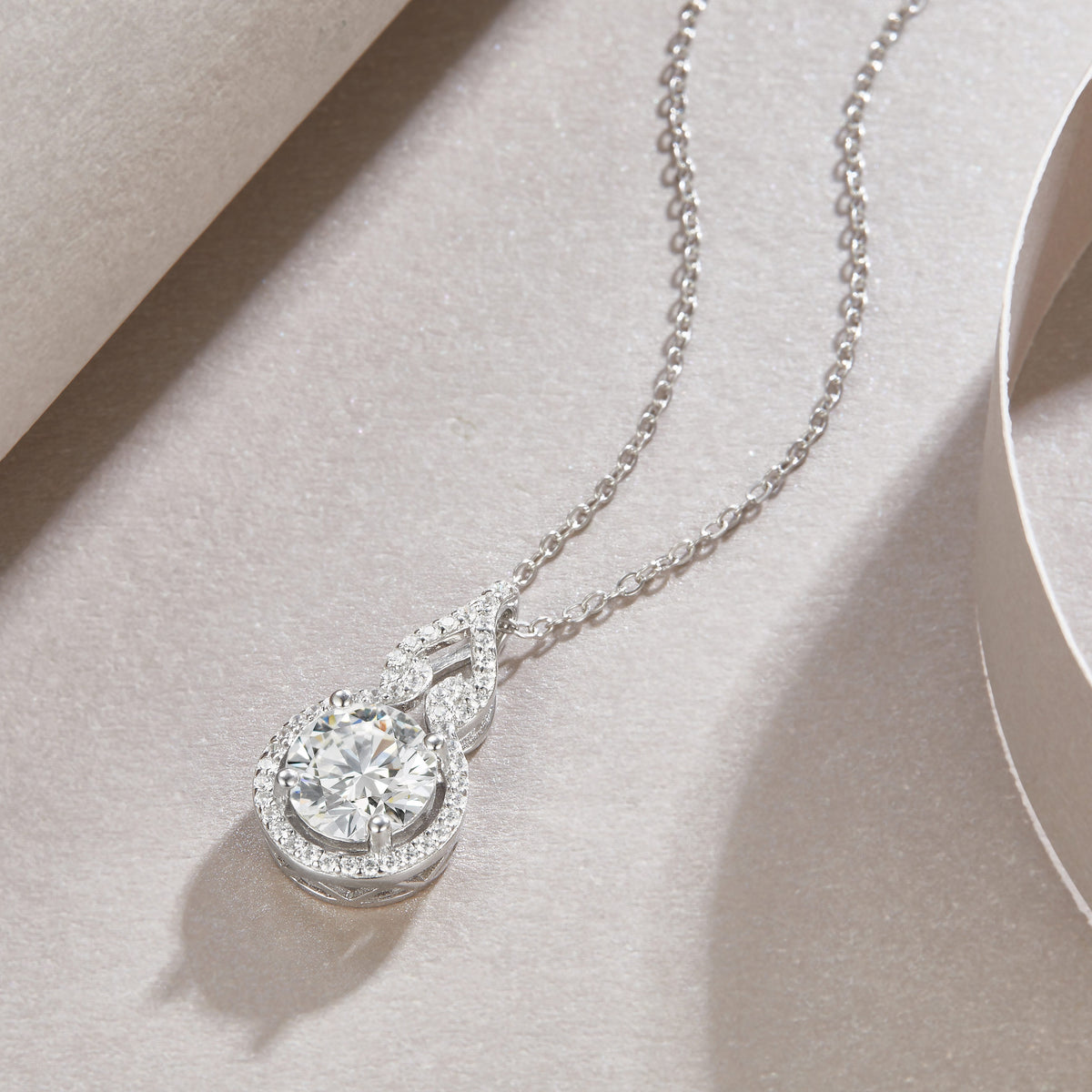 Round Moissanite Halo Pendant with Pave Swirl Bail in 925 Silver