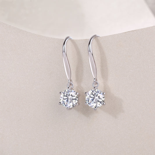 Round Moissanite Solitaire Drop Earrings on Long Hooks in 925 Silver