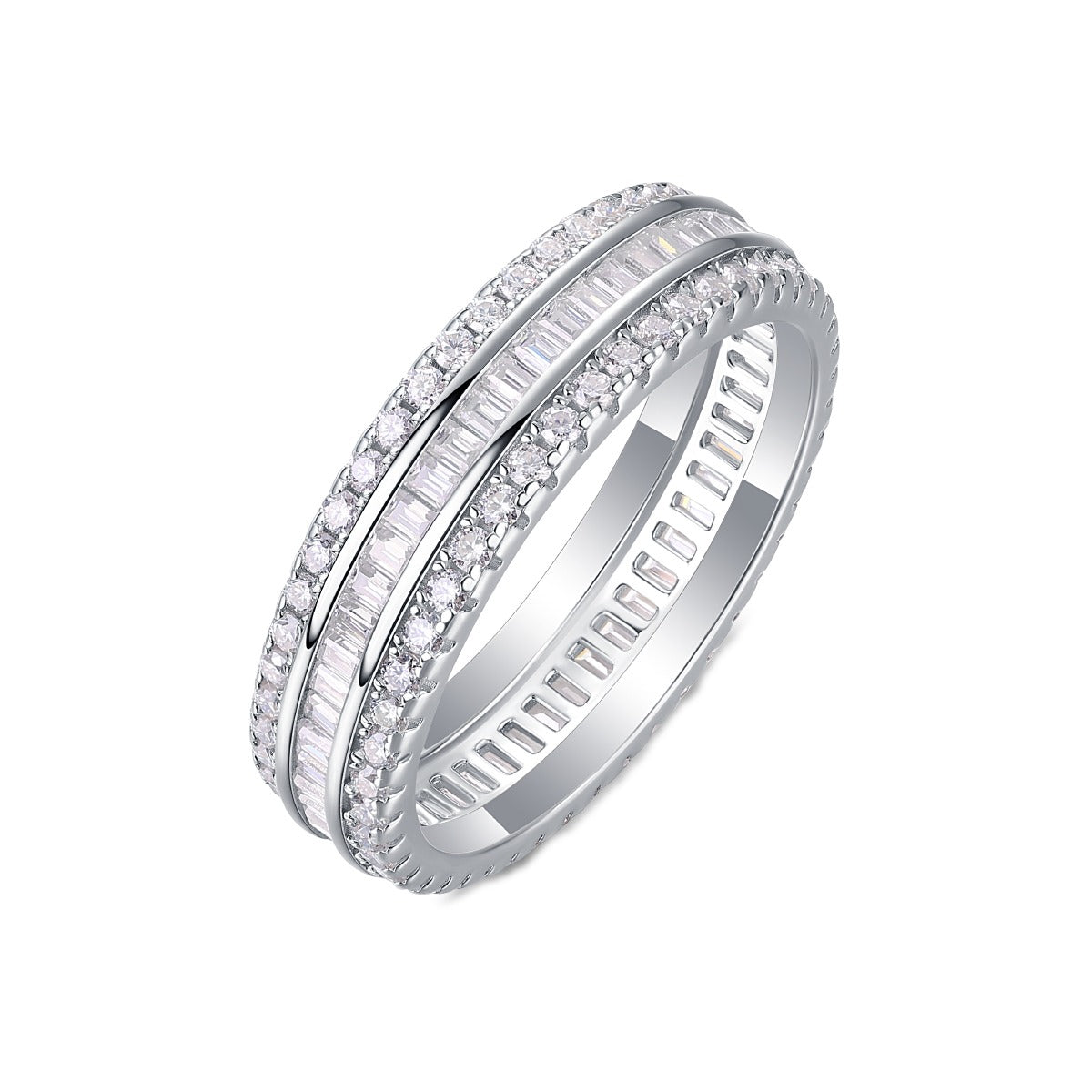 Baguette and Round Moissanite Three-Row Eternity Band in 925 Silver