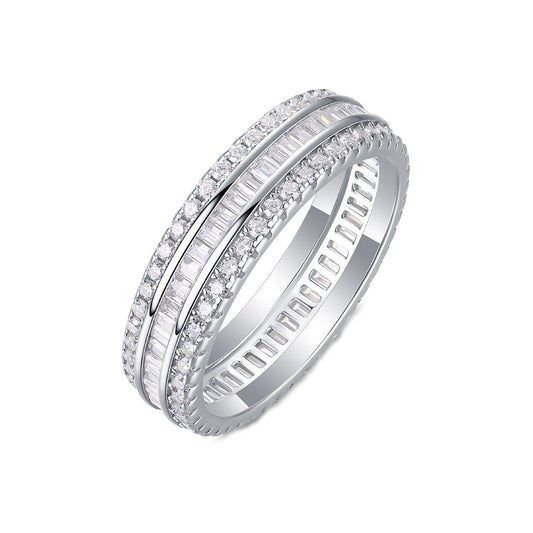 Baguette and Round Moissanite Three-Row Eternity Band in 925 Silver