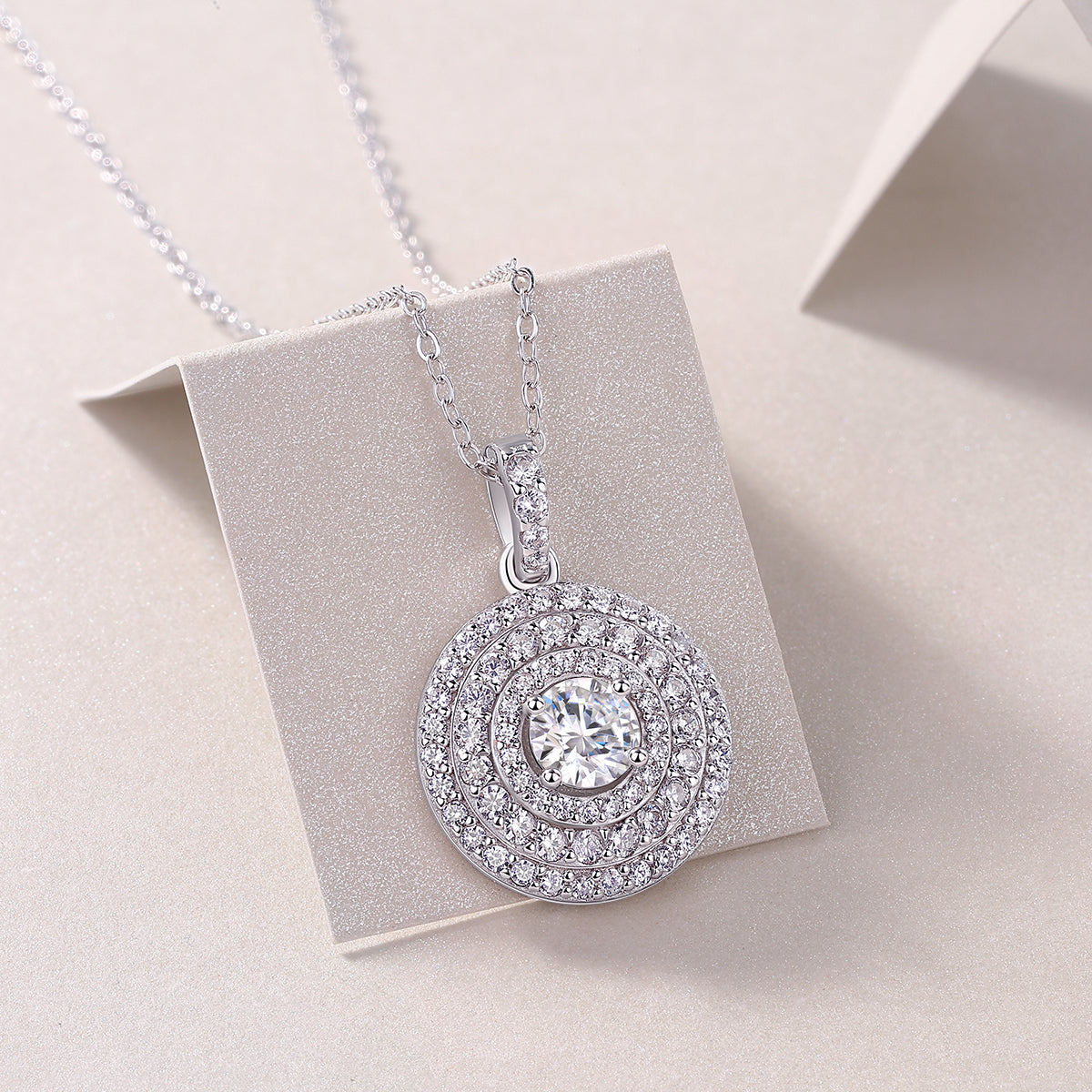Round Moissanite Double-Halo Disc Pendant Necklace in 925 Silver