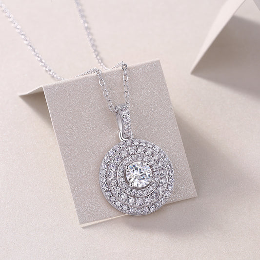 Round Moissanite Double-Halo Disc Pendant Necklace in 925 Silver