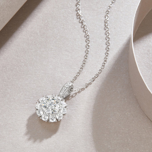 Round Moissanite Cluster Halo Pendant Necklace in 925 Sterling Silver