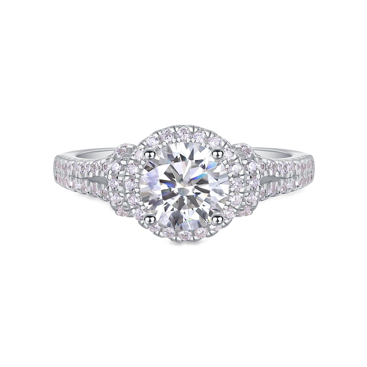 Round Moissanite Halo Ring with Split Pave Shank in 925 Silver