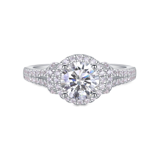 Round Moissanite Halo Ring with Split Pave Shank in 925 Silver