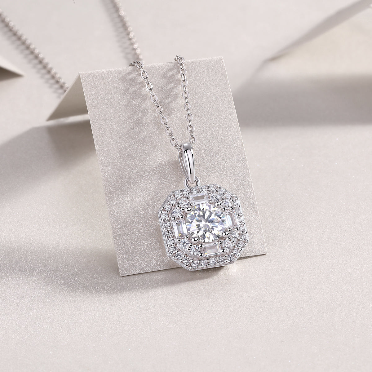 Round Moissanite Octagon Halo Pendant Necklace in 925 Sterling Silver