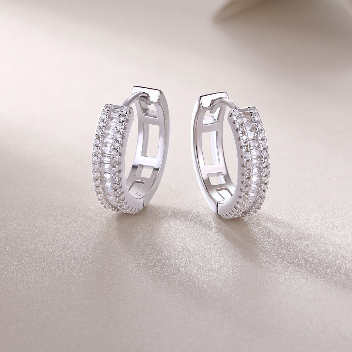 Baguette and Pave Moissanite Huggie Hoop Earrings in 925 Sterling Silver