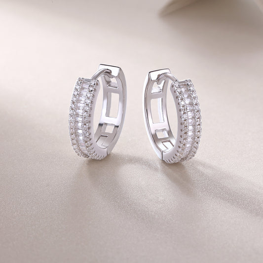 Baguette and Pave Moissanite Huggie Hoop Earrings in 925 Sterling Silver