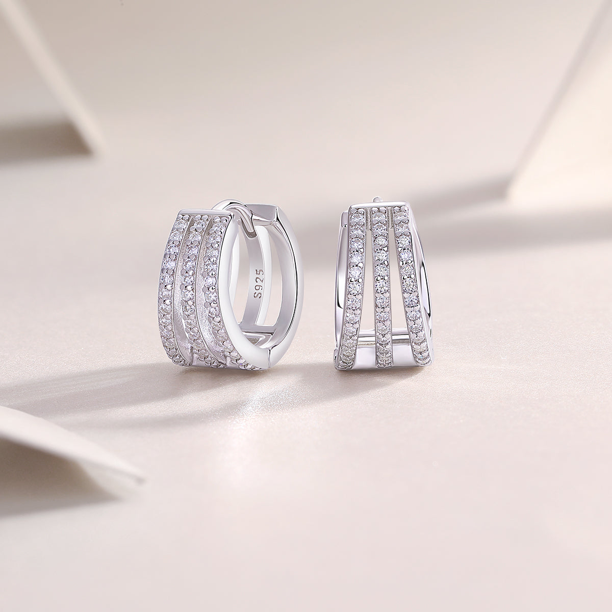 Three-Row Pave Moissanite Huggie Hoop Earrings in 925 Sterling Silver
