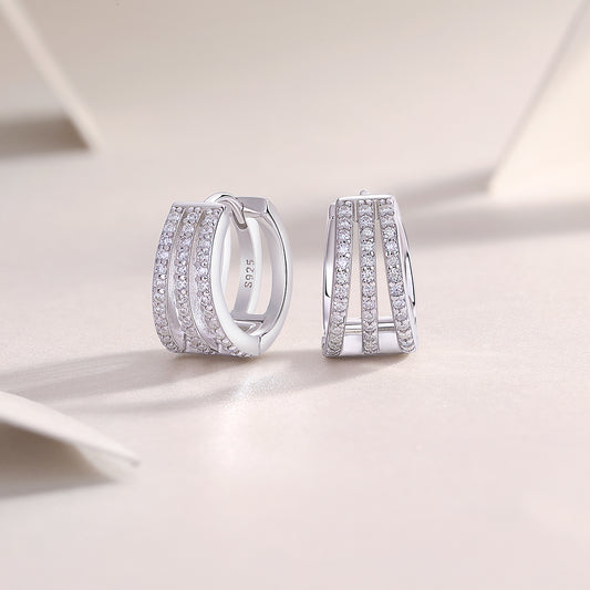 Three-Row Pave Moissanite Huggie Hoop Earrings in 925 Sterling Silver