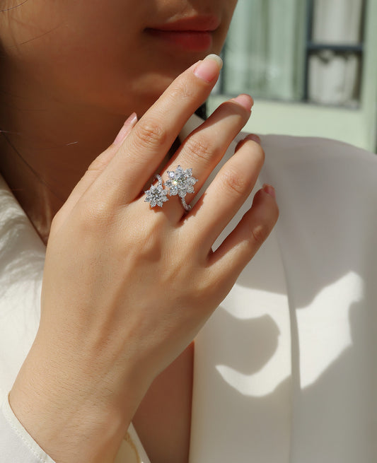 Moissanite Double Flower Cluster Bypass Ring in 925 Sterling Silver - worn