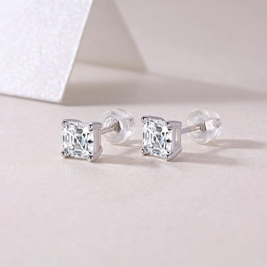 Square Step-Cut Moissanite Stud Earrings in 925 Sterling Silver