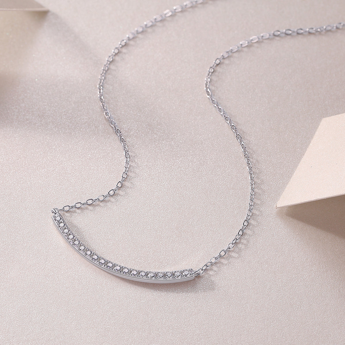 Pave Moissanite Curved Bar Necklace in 925 Sterling Silver