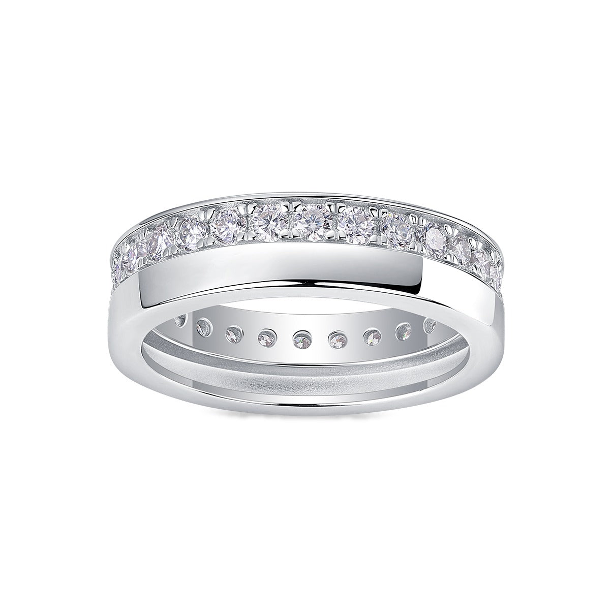 Moissanite Offset Double Band Ring with Pave Row in 925 Silver
