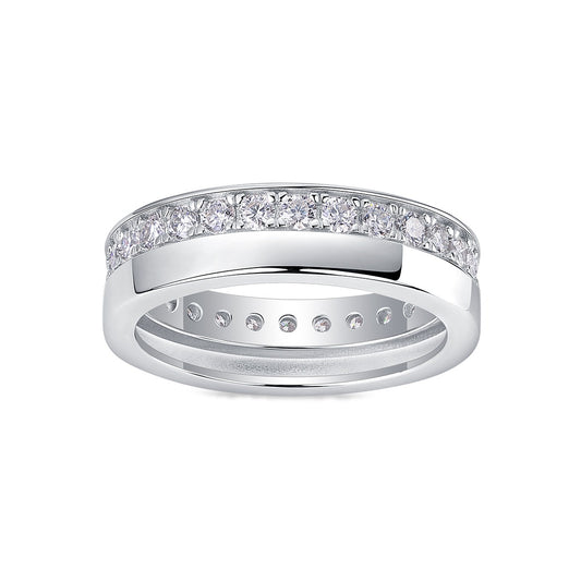 Moissanite Offset Double Band Ring with Pave Row in 925 Silver