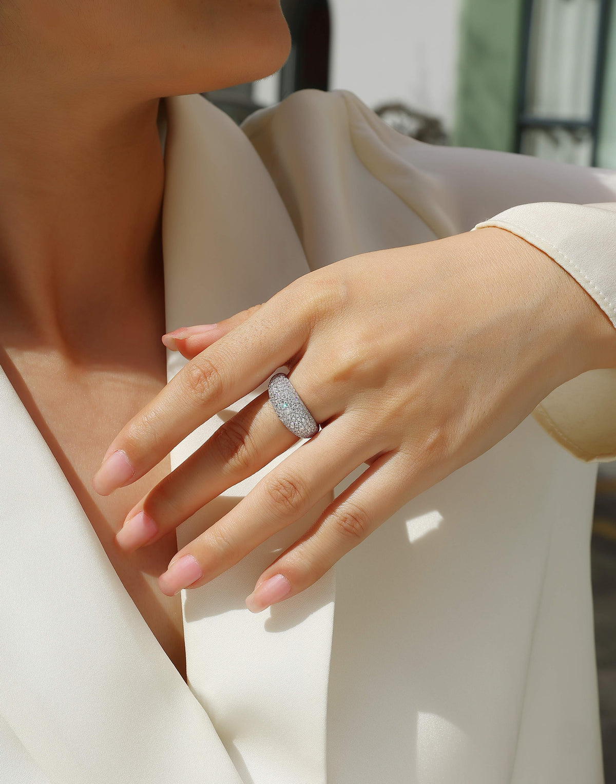Moissanite Pave Domed Cocktail Ring in 925 Sterling Silver - worn
