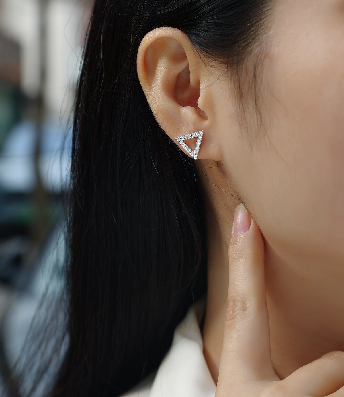 Geometric Triangle Moissanite Pave Stud Earrings in 925 Silver - worn