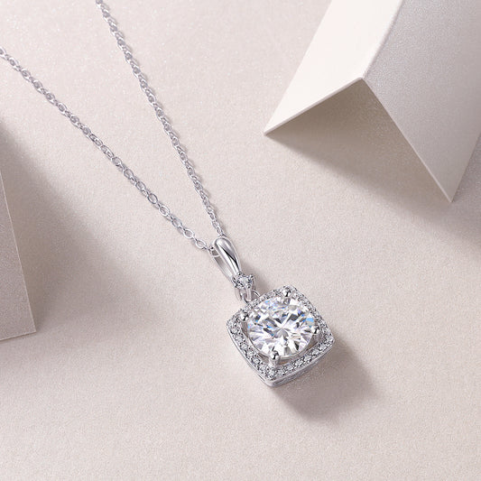 Round Moissanite Square Halo Pendant Necklace in 925 Sterling Silver
