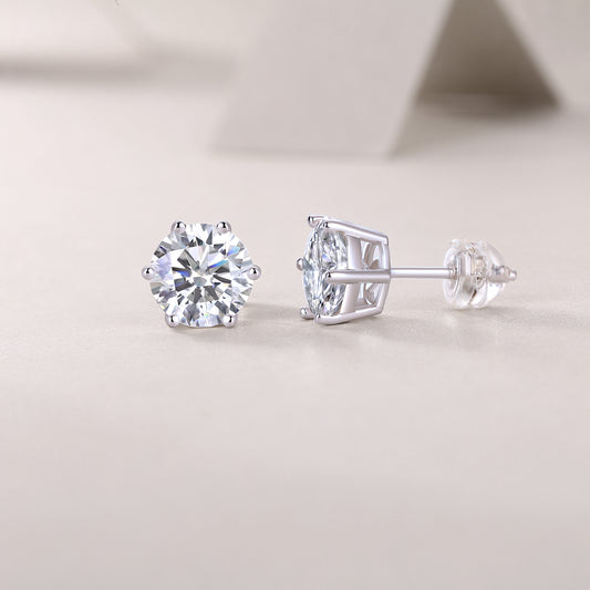 Round Moissanite Six-Prong Stud Earrings in 925 Sterling Silver