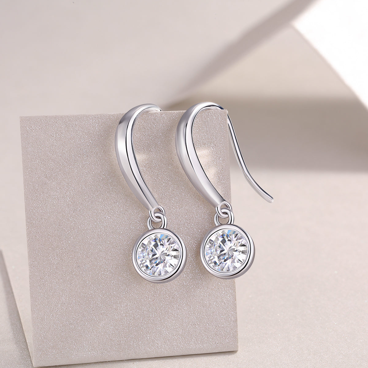 Round Moissanite Bezel Drop Earrings in 925 Sterling Silver