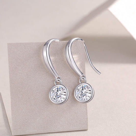 Round Moissanite Bezel Drop Earrings in 925 Sterling Silver