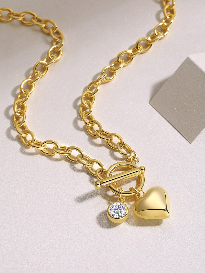 Rolo Chain Toggle Necklace with Moissanite Heart Charm in Gold-Plated 925 Silver