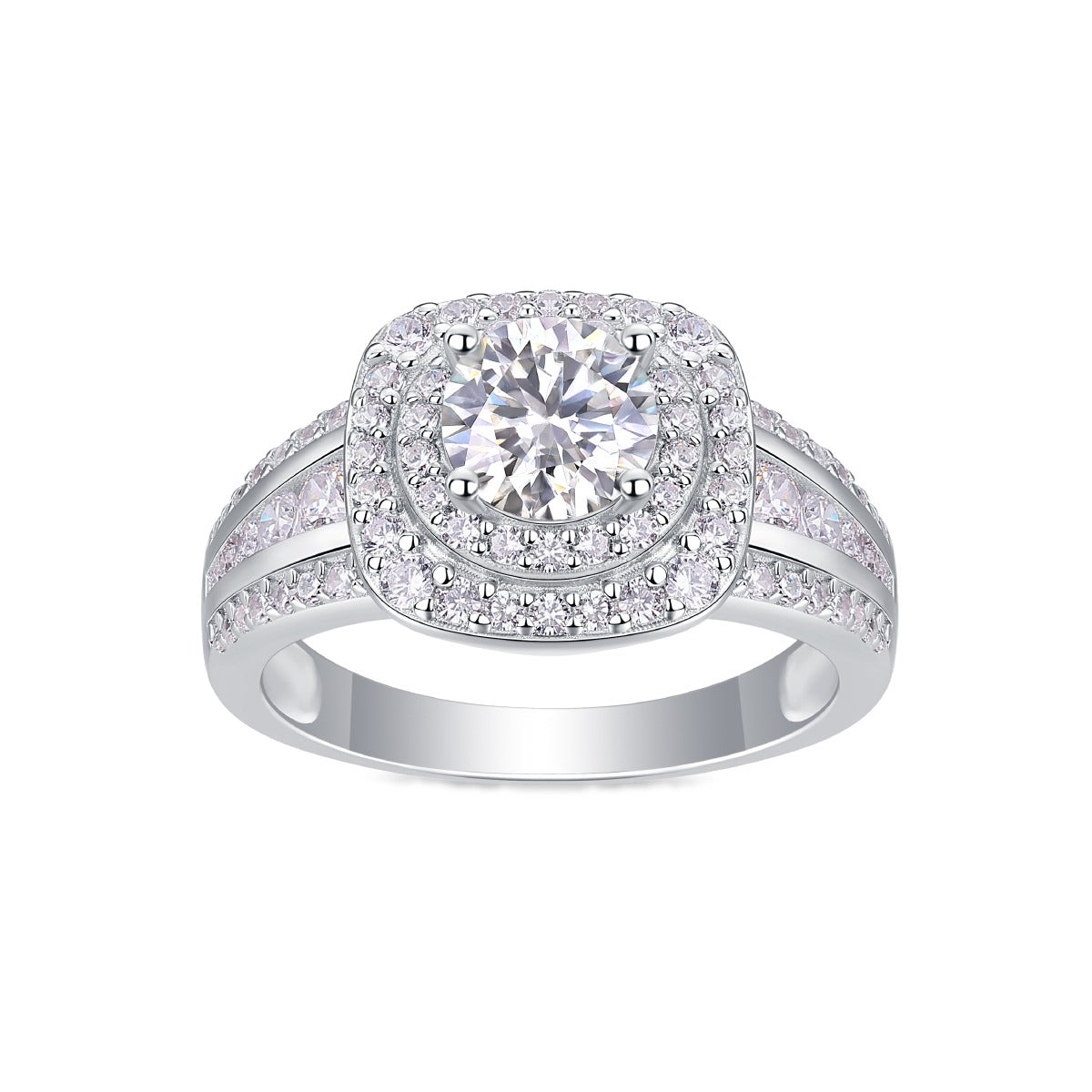 Round Moissanite Double-Halo Split-Shank Ring in 925 Sterling Silver