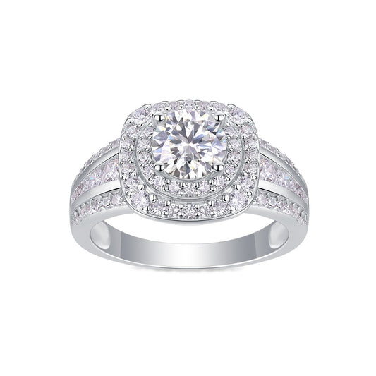 Round Moissanite Double-Halo Split-Shank Ring in 925 Sterling Silver