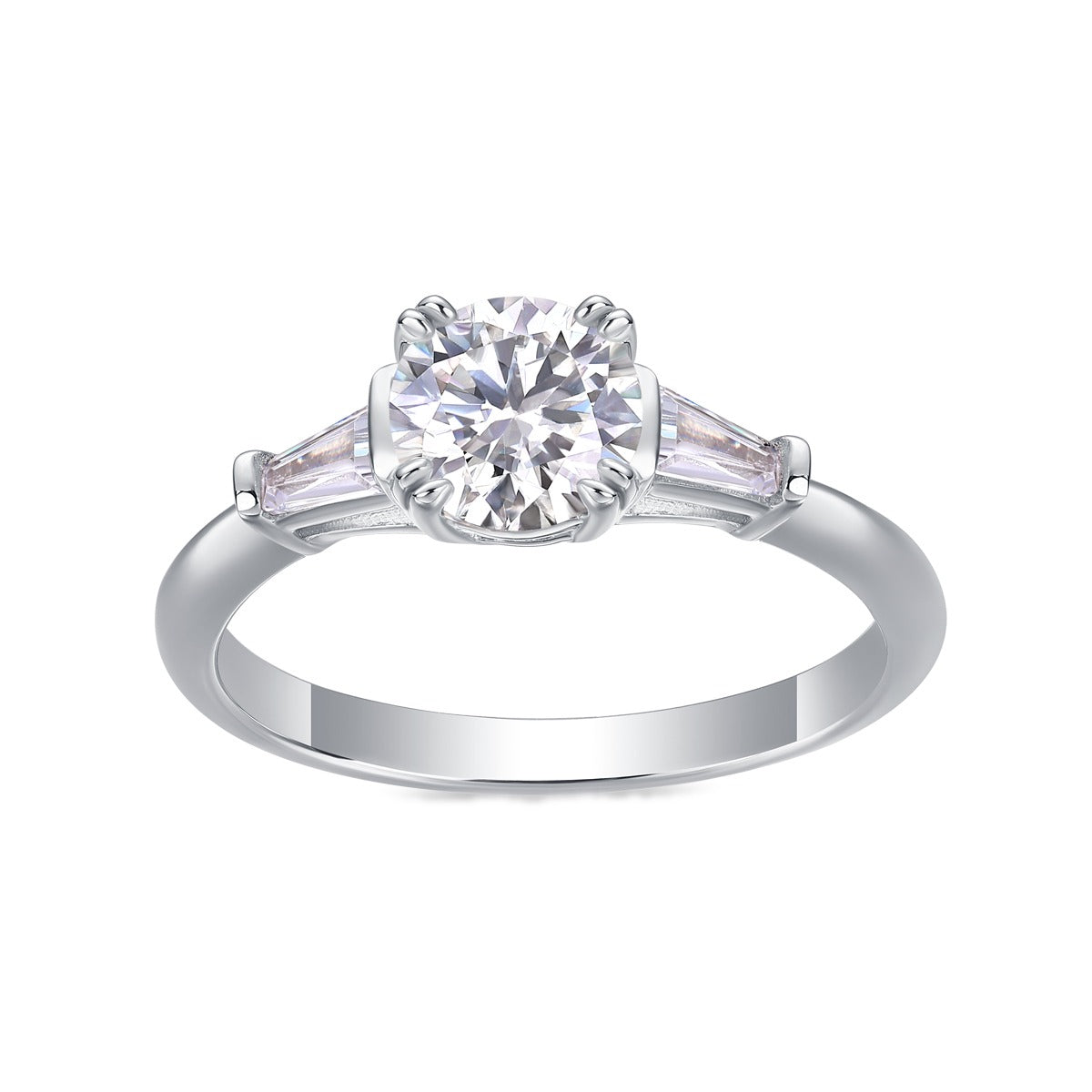 Round Moissanite Ring with Tapered Baguettes in 925 Sterling Silver