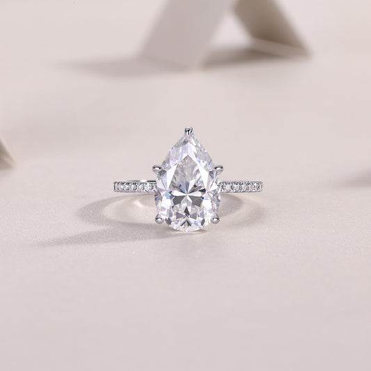 Pear Moissanite Hidden-Halo Solitaire Ring in 925 Sterling Silver