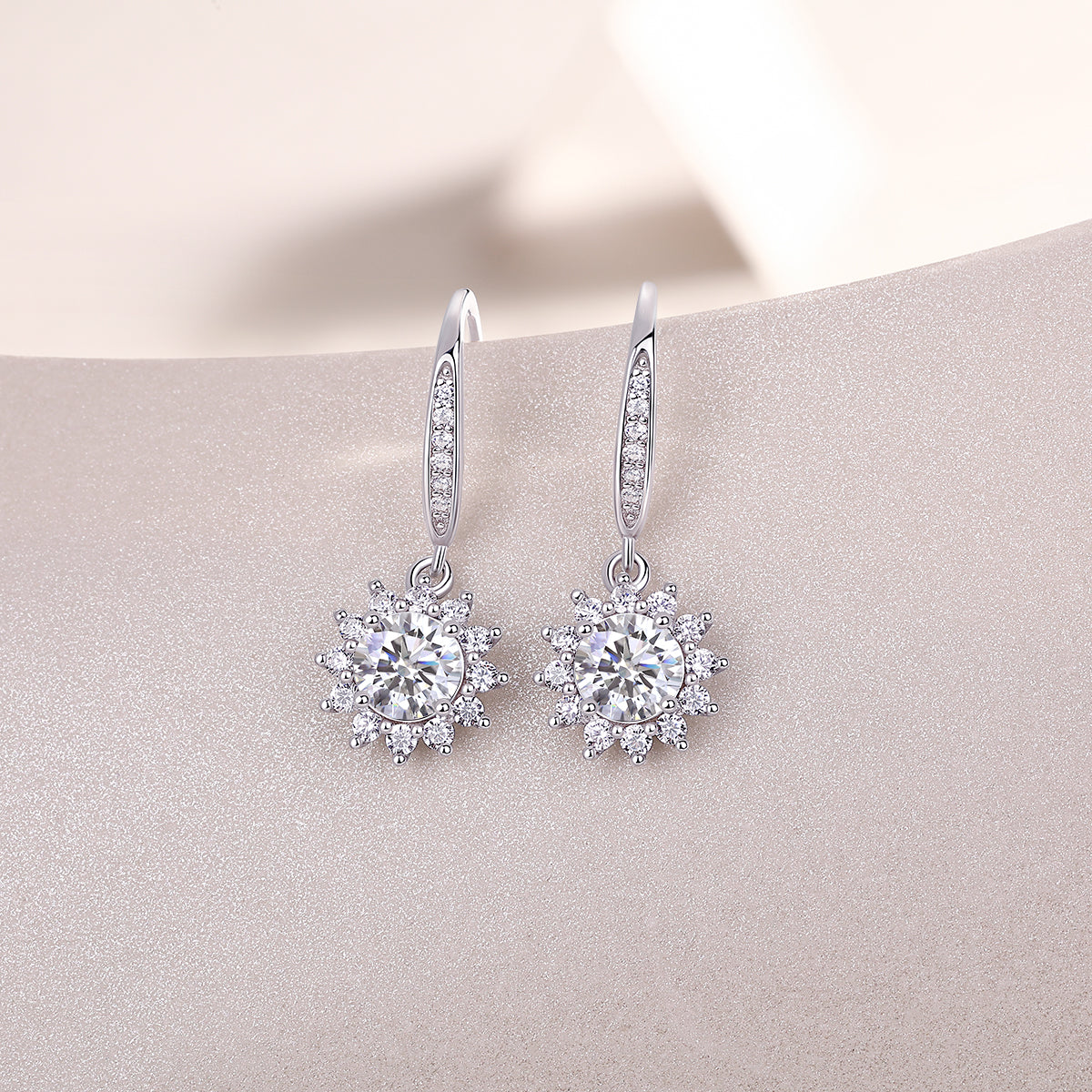 Round Moissanite Sunburst Halo Drop Earrings in 925 Sterling Silver