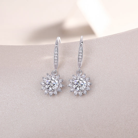 Round Moissanite Sunburst Halo Drop Earrings in 925 Sterling Silver