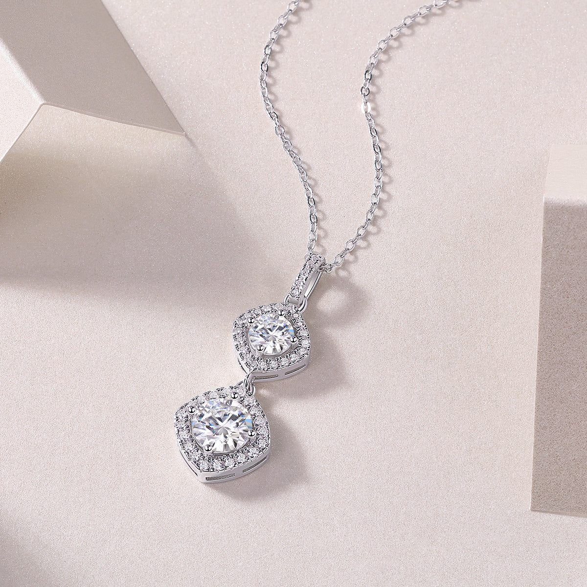 Round Moissanite Double Cushion-Halo Drop Pendant in 925 Silver