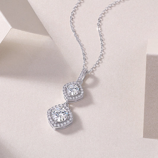 Round Moissanite Double Cushion-Halo Drop Pendant in 925 Silver
